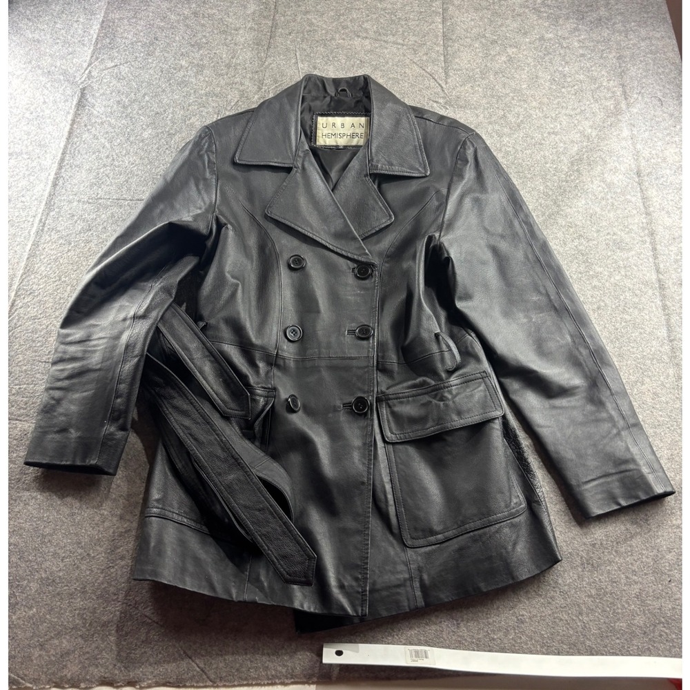 VTG Urban Hemisphere Womens M? Black Leather Trench Coat Belted Double Breasted
